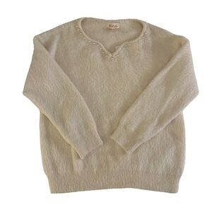 Listicle V-neck, Pearl Trim Fuzzy Sweater